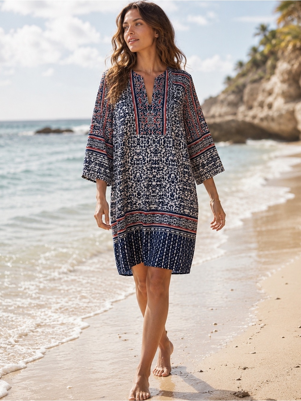 Tommy Bahama Paisley Geometric Split Neck 3/4 Sleeve Resort Dress - Size S
